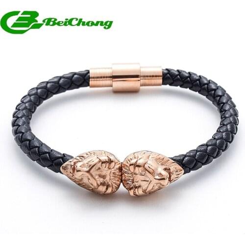 10pcs)Fashion Gold Lion Head Red Genuine Leather Cool Punk Rock Stainless Steel Mens Bracelets & Bangles Free Ship