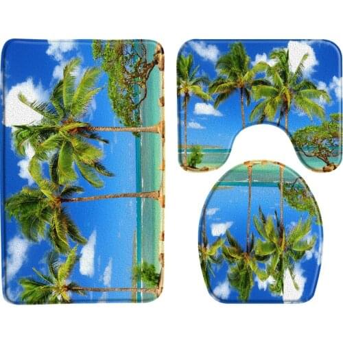 Blue Sky Ocean Palm Tree Landscape Bath Mat 3 Sets Scenery Entrance Door Mat Bathroom Rug Mats Toilet Carpeted Bathroom Products