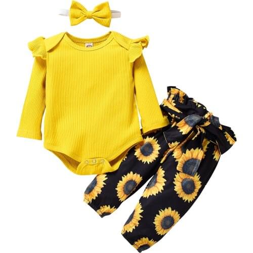 Baby Girl Clothes Spring Autumn Suit 3pcs Long Sleeve Bodysuit Pants Sunflower Printed Bow Hairband Baby Clothes 0-18Months