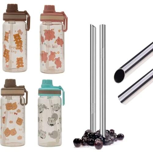 4pcs Cute Bear Straw Glass Mugs Coffee Cup Boba Tea Cups Student Scale Transparent Milk Cup Water Cup Girls Heart Glass Mug