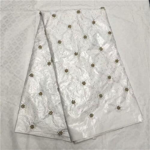 5 Yards India Bazin Riche Getzner Lace Fabric 2018 With Blouse Blue stone Beaded Gold Line Embroidered Lace Basin Fabric white