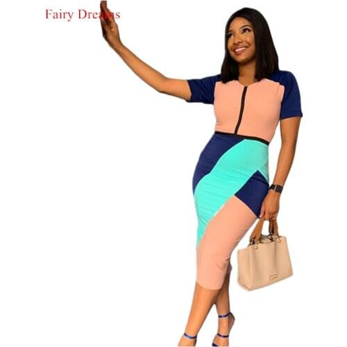 Africa Lady Clothing Basic Clothes V-neck Contrast Color Mid-Length Temperament Professional Short-Sleeved African Women Dress