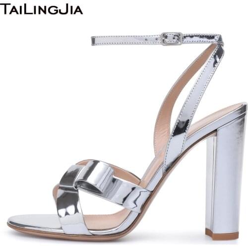 Block Heel Sandals for Women 2021 Chunky Heel Party Dress Shoes Ladies Silver Patent Leather Round Toe Large Size Bow Shoe
