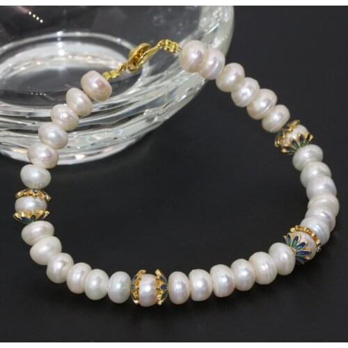 Factory outlet natural white freshwater cultured button abacus 6*8mm pearl beads bracelets cloisonne diy jewelry 7.5inch B2757