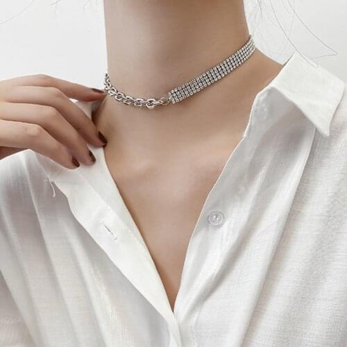 Lifefontier Stainless Steel Chain Zircon Choker Necklaces for Women Rhinestone Silver Color Link Chain Necklaces Party Jewelry