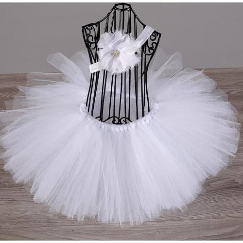 Cute Baby White Tutu Skirts Girls Tulle Ballet Pettiskirts Tutus with Flower Headband Kids Birthday Party Costume Skirts Cloth