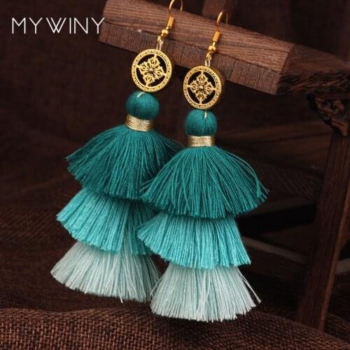 Fashion bohemian dangle earrings for women , vintage jewelry cotton tassel earrings,gradient colors ethnic earrings