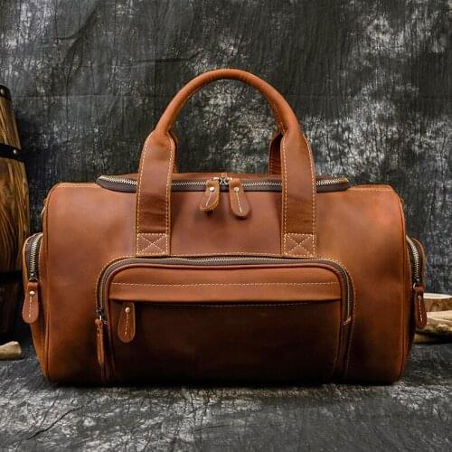 Vintage Brown Natural Crazy Horse Leather Mens Travel Bags Durable Quality Genuine Leather Small Travel Totes