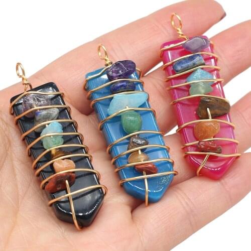 Natural Agts Pendant Crystal Column Metal Copper Wire Winding Seven Chakras Reiki Healing Pendant Charms for Necklace 18x60mm