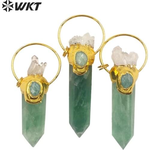 WT-P1677 Wholesale Amazing Big Natural Green fluorite stone point pendant gold plated jewelry with cluster quartz on top pendant