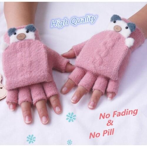 8-15 Years Old Girls Gloves Winter Fashion Fingerless Touch Screen Knitted Stretch Women Mittens Animal Thick Warm Writing Work