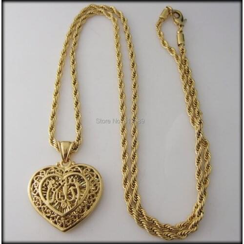 YELLOW GOLD OVERLAY FILLED 24" ROPE NECKLACE & MUSLIM ALLAH GOD HEART SHAPE PENDANT/Great Money Maker