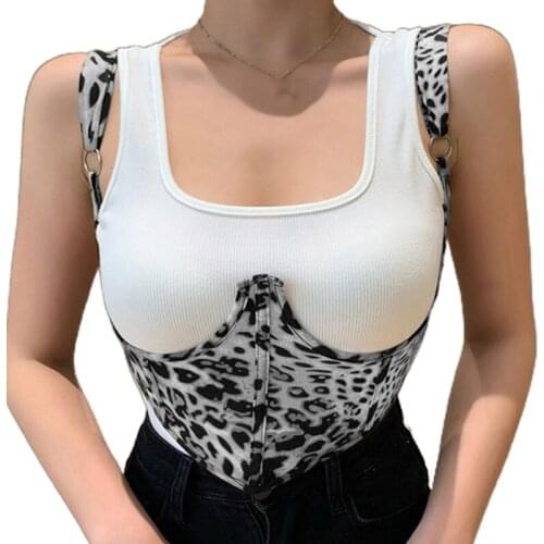Sexy Corset Top Summer Patchwork Slim Bustier Leopard Print Backless Suspenders for Womens
