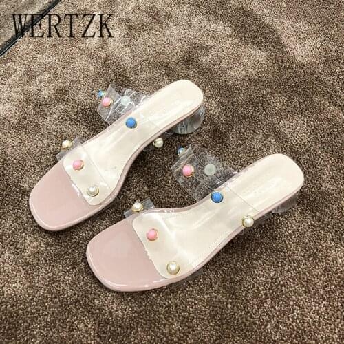 Slippers women 2021 Summer New Hot Outdoor Mid Heel Fretwork Heels Rivet Woman Slipper Fashion Ladies Slides