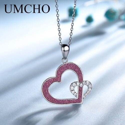 UMCHO Red Glitter Heart Pendants & Necklace Real 925 Sterling Silver Necklace For Lover Valentines Day Present Fine Jewelry