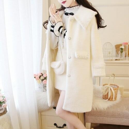 Faux Mink Fur Knitted Cardigans Korean Women Long Sweaters Turn Down Single Breasted Loose Cardigan Sweater Elegant Knitwear