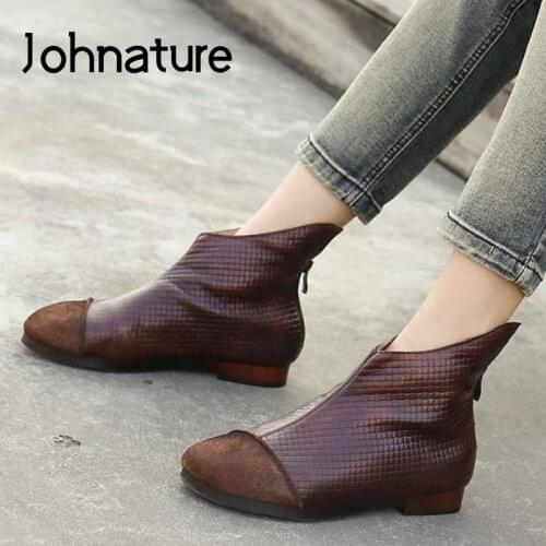 Johnature Winter Shoes Women Boots Genuine Leather 2020 New Vintage Zip Handmade Concise Sewing Flat With Leisure Platform Boots