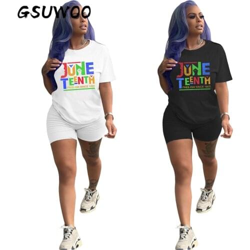 GSUWOO Womens June Teenth Letter Print Two-Piece Casual Set Summer Short Sleeve T-shirt Shorts Outfits Tracksuit Clothes