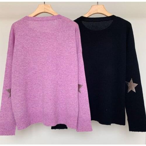 Woman 100% Cashmere Black Purple Sweater Round Neck Long Sleeves Elbow Leather Star Patch Frayed Hem Fashion Jersey