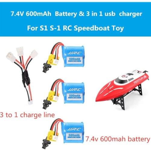 2PCS Or 3PCS 7.4V 600mAh Battery for S1 S-1 High Speed Remote Control RC Boat spare part Add 3 In 1 Charge Line S1 Boat battery