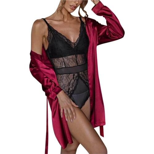 2PCS New Womens Underwear Sexy Lenceria Sensual Mujer Silk Mesh Lingerie Underwear Bodysuit Sleepwear Exotic Accessories Robes