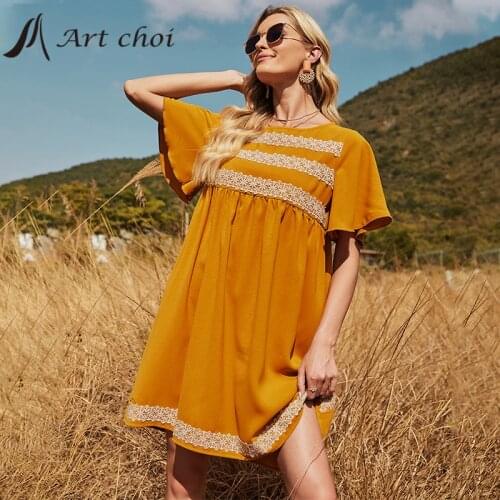 2021 Women Lace Splice Dress Summer A-Line Flare Sleeve High Waist Loose Ladies Party Beach Boho Casual Holiday Mini Vestido
