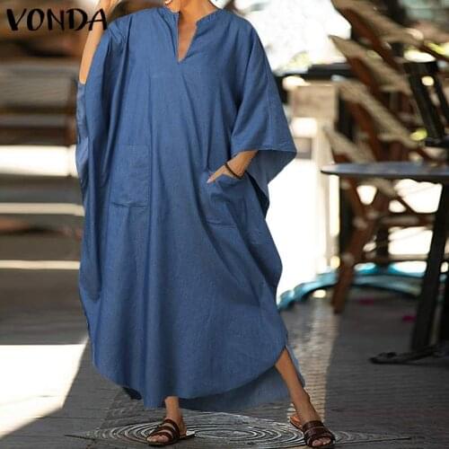 VONDA 2021 Women Long Maxi Dress Autumn Sexy V Neck Solid Color Loose Dresses Femme Casual Loose Bohemian Sundress Femme Vestido