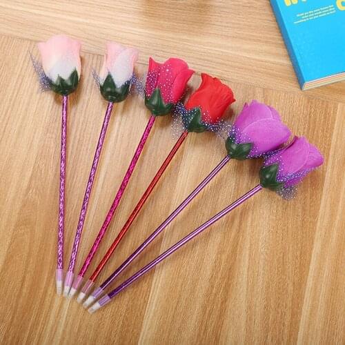 24 pcs Creative cartoon stationery long-handled roses ball-point pen lovely student gifts or prizes wholesale