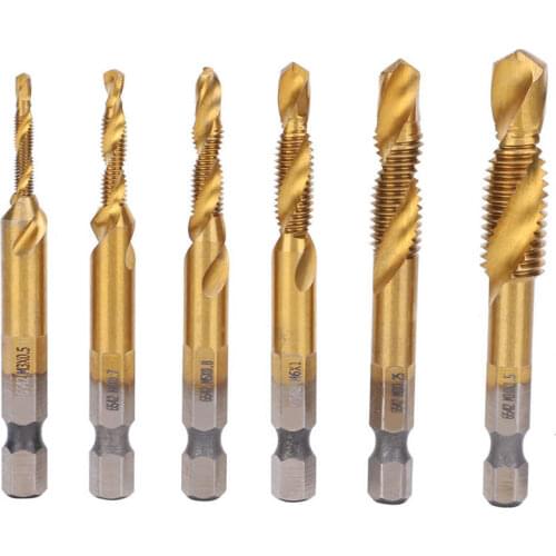 6Pcs HSS Tap Drill Bits Set High Speed Steel Titanium Coated Hex Shank Thread Hand Tool M3-M10 Tap Drill Bit Set