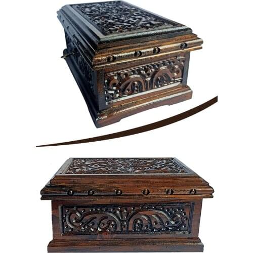 Arsimo Wooden Carved Embroidered Locked Chest Box 26 Cm Arsimo Wooden Carved Engraved Locked Chest Box 26 Cm