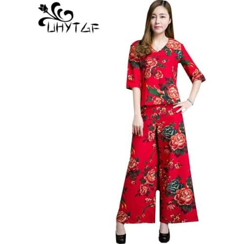 UHYTGF Spring summer 2 piece set women National style Vintage printed thin Cotton linen Wide leg pants two piece sets Female 227