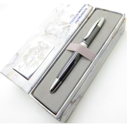 Wings Marble R315 Bright Chrome Black Patterned Roller Pen | İsme Special Pen | Gift Pen