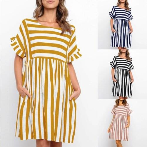Hot kf-Womens Summer Striped Short-Sleeved T-Shirt Dress Casual Swing Skirt with Pockets