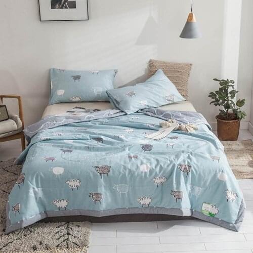 Cartoon Pastoral Sheep Blue Summer Air Conditioning Quilt Stitching Throws Blanket Washable Cotton Twin Queen Size