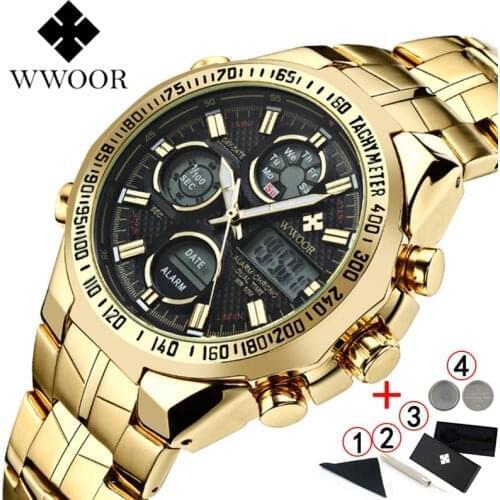 WWOOR Relogio Masculino Top Brand Luxury Watch Mens Watches Golden Stainless Steel Military Wristwatch Big Dial Clock Male 2019