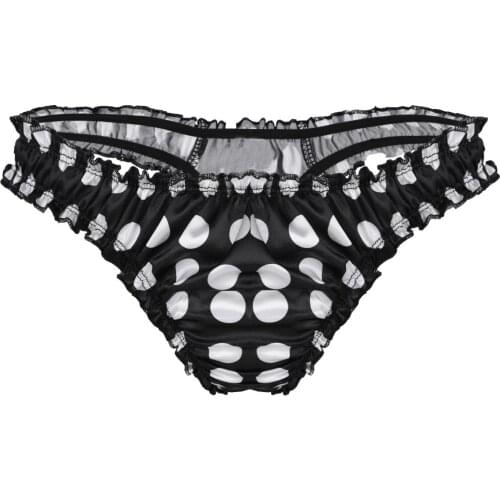 Mens Lingerie Panties Smooth Satin Polka Dot Ruffled High Cut Low Rise Bikini Sissy Briefs Gay T-back Thong Underwear Panties
