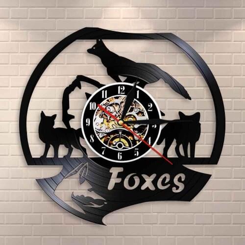 Woodland Nursery Baby Kid Room Woodland Foxes Family Vinyl Record Clock Animals Wall Art Modern Design Home Decor Wall Clock
