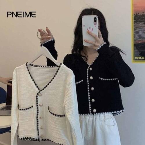 PNEIME Summer New Womens Short Knit Top Woman V-neck Gentle Temperament Simple Cardigan Korean Girl Style Long-sleeved Sweater