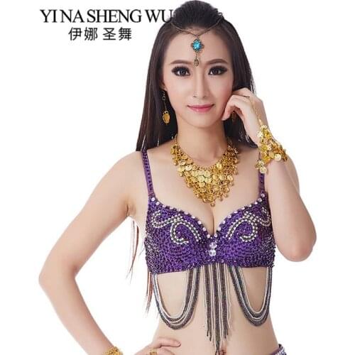 New Delicate and Elegant Belly Dance Bra Top Sequins Hanging Beaded Brassiere Belly Dance Costume Top Beaded Fringe Dancing Bra