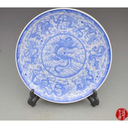 Rare old Chinese porcelain plate,Nine Dragon,white and blue, Free shipping