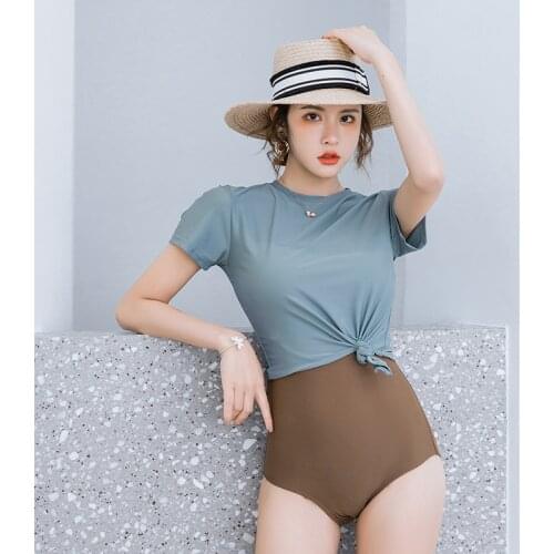 Sexy Cut Out One Piece Swimsuit Women Solid Swimwear Short Sleeve Monokini Push Up Swim Suit Korea Style Two Sets Bathing Suit
