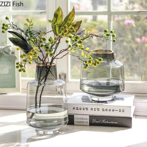 Golden Stroke Glass Vases Tabletop Ornaments Cylinder Transparent Flower Arrangement Gray Gradient Vase Home Decoration Modern