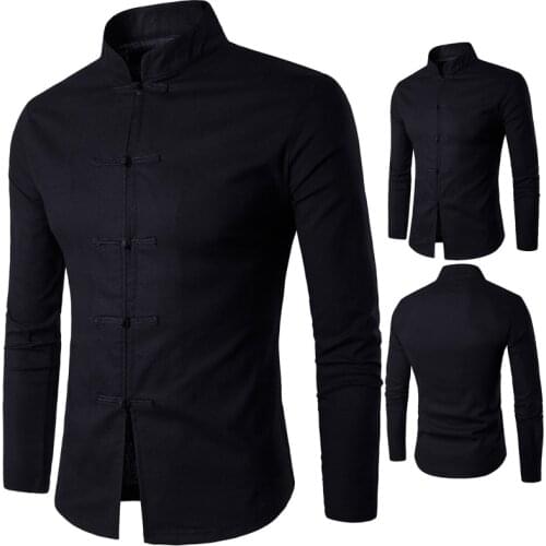 2021 Traditional Chinese Clothing Men Casual Shirts China Dress Solid Classic Stand Collar Traditional Chinese Tops for Men Tops