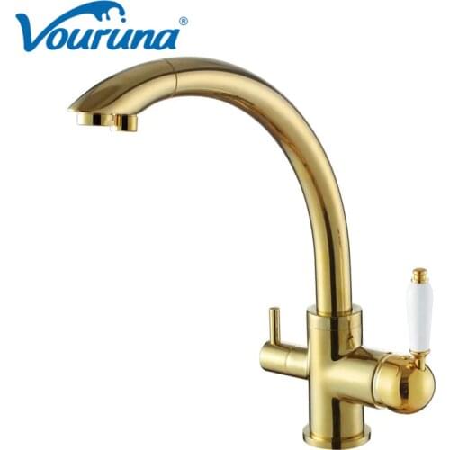 VOURUNA Luxurious Golden Kitchen Faucet Tri Flow Sink Mixer RO Reverse 3 Way Water Filter Tap