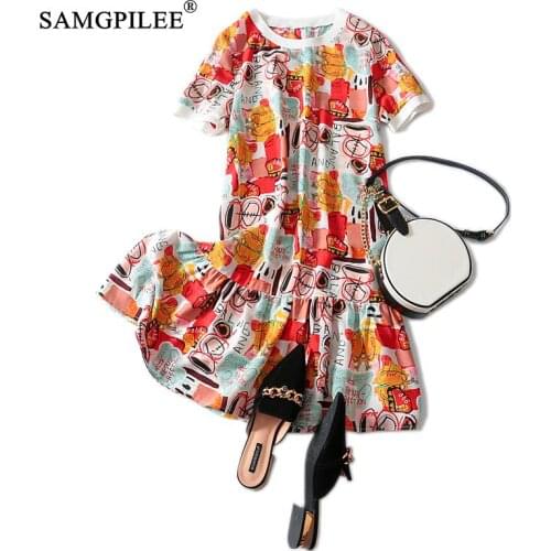 Plus Size Women Clothing Casual Trumpet Mermaid Print Summer Dress Knee-length Empire O-neck Vestido De Mujer Dresses For Women