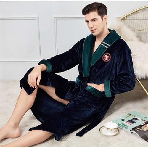 Thick Bathrobe Male Kimono Gown Coral Fleece Sleepwear Warm Robe Loose Nightgown Home Clothes Winter Lounge Wear Nightwear