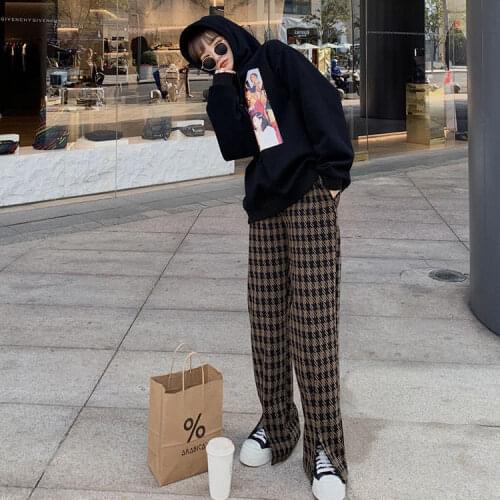 2021 Womens Spring Autumn Plaid High Waist Straight Wide Leg Pants Casual Vintage Split Hem Floor Length Long Trousers Feme