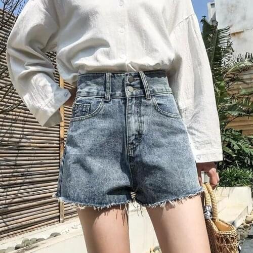 Women Summer Autumn Double Button Ladies Denim Jeans Shorts Casual High Waist Loose Wide-leg Freyed Edge Hot Shorts Ripped Hole