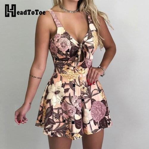 Women Sexy V-neck Floral Print Playsuit Ladies Sleeveless Strappy Summer Beach Jumpsuit Overalls Bowknot Front Rompers