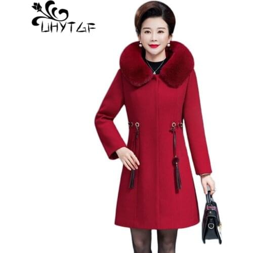 UHYTGF Woman Coat Winter Wool Jacket Fur Collar Hooded Temperament Mother Long Top Quality Cashmere Warm Outerwear Female 4XL960